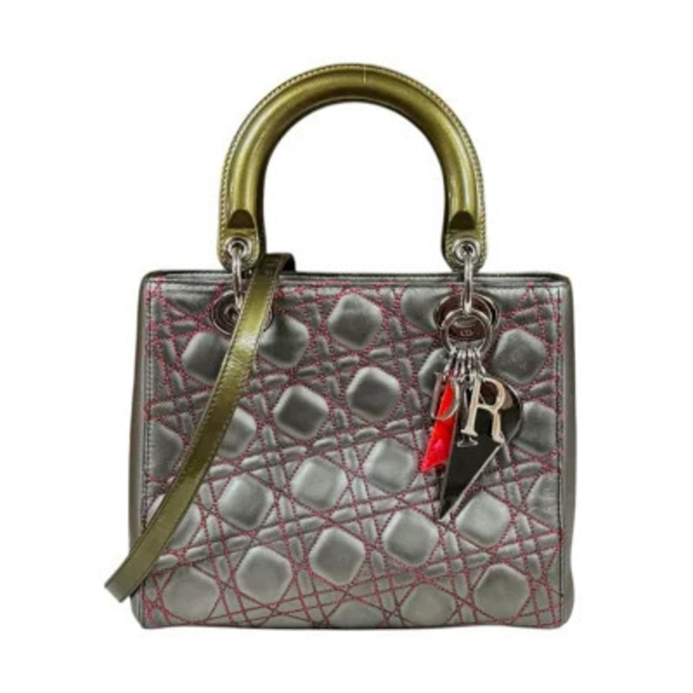 Christian Dior Lady Cannage Shoulder Bag Leather Silver